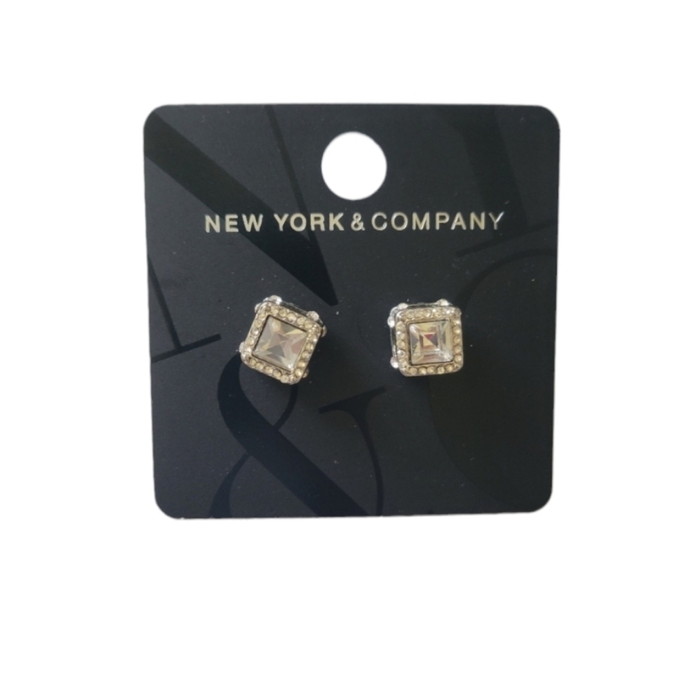 New York & Co. Silver Tone Crystal Square Stud Earrings NWT